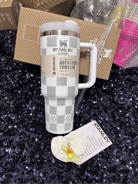 Stanley White and Silver Checkered FlowState Tumbler